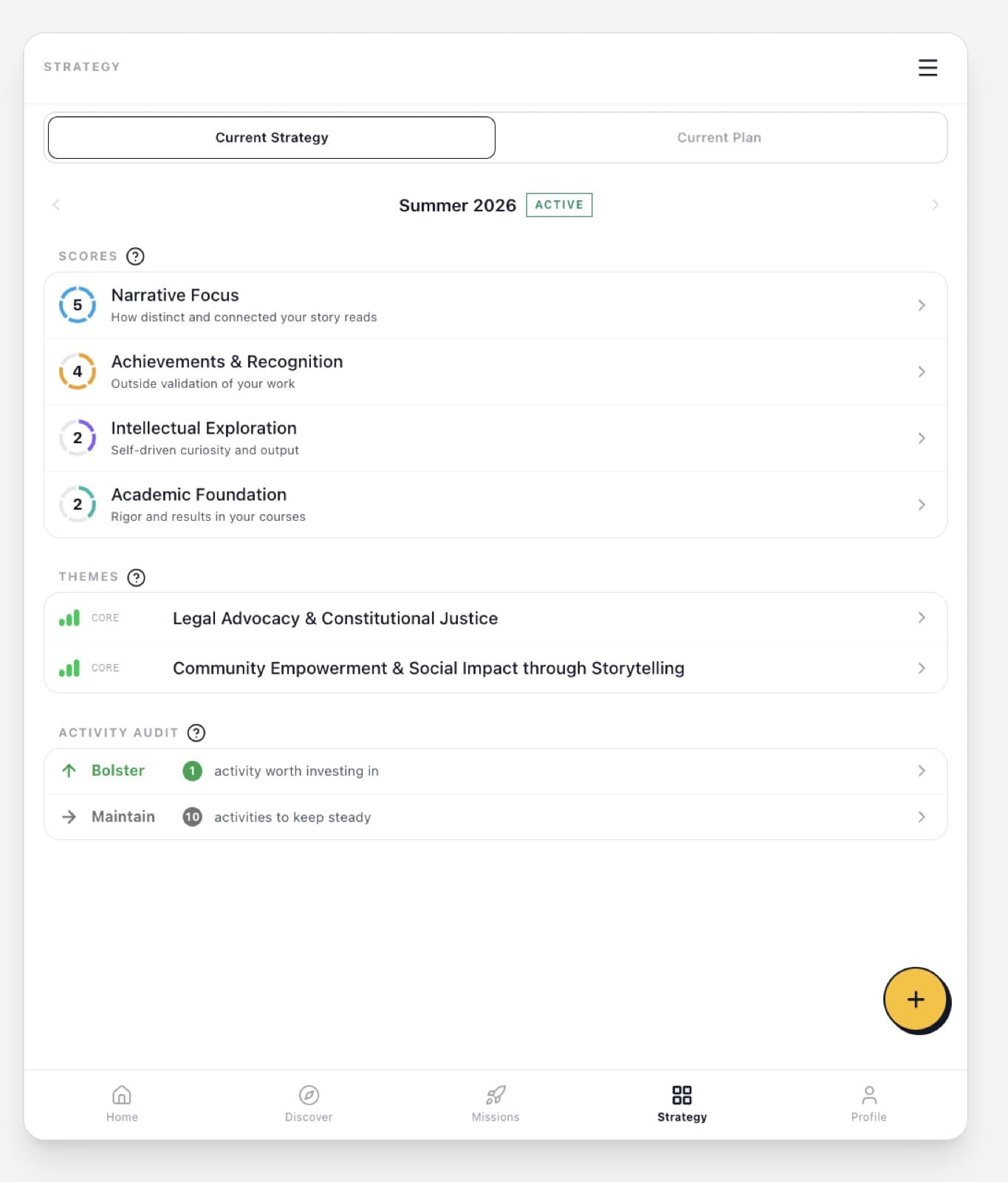 FlightPlan strategy screen with Bolster and Maintain activity audit recommendations